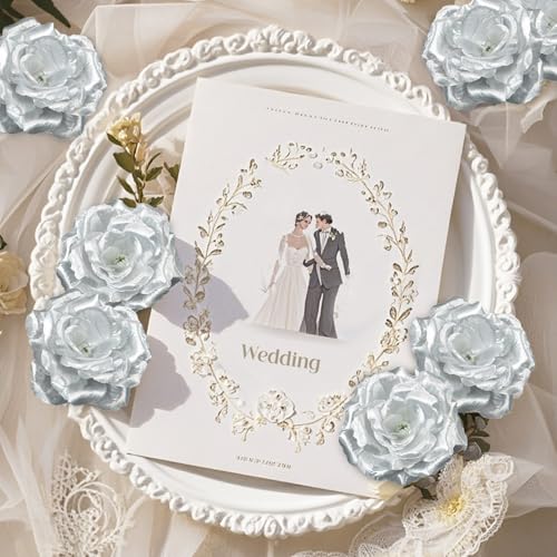 Rose Artificial Flowers, 50Pcs Silver Roses Head Flowers Bulk with Stem, 3 Inches Silk Rose Fake Flower Head for Wedding Party Home Decor DIY Baby Shower Centerpieces Tables Decoration(Silver) - color: Silver