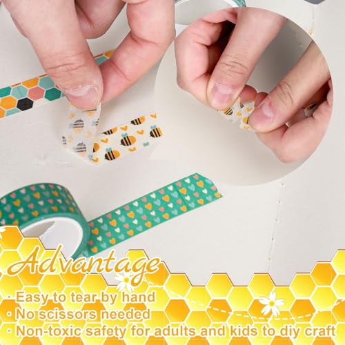 FYSUIMU 12 Rolls Boho Bee Washi Tape Back to School Honeycomb Heart Rainbow Flower Decorative Masking Tapes Set Cute Colorful Wrapping Paper Tape for Scrapbook Journal DIY Art Crafts - style: Bee