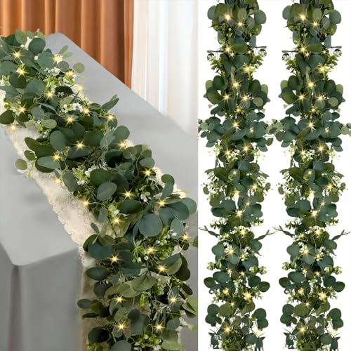Eucalyptus Garland with Lights, 2 Packs 6FT Green Flower Garland Decor, Artificial Faux Eucalyptus Leaves Greenery Vines for Table Runner Wedding Centerpieces Backdrop Decorations (Warm Color) - color: Warm