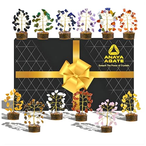 ANAYA AGATE Crystal Tree Set of 12 Unique Birthday Gifts for Women,Sister,Mom,Home Office Decor,Shelf Decoration for Positive Energy,Bring Good Luck,Money,Reiki Healing, Chakra Tree of Life Gift Sets - color: Gemstone Tree Set