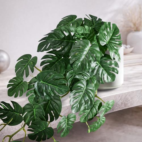 2 Pack Large Artificial Hanging Monstera Plant with Pots, Extra-Full Cascading Faux Hanging Plants for Wall & Shelf Decor, Oversized Split-Leaf Greenery for Living Room (Green-02) - color: Green-02