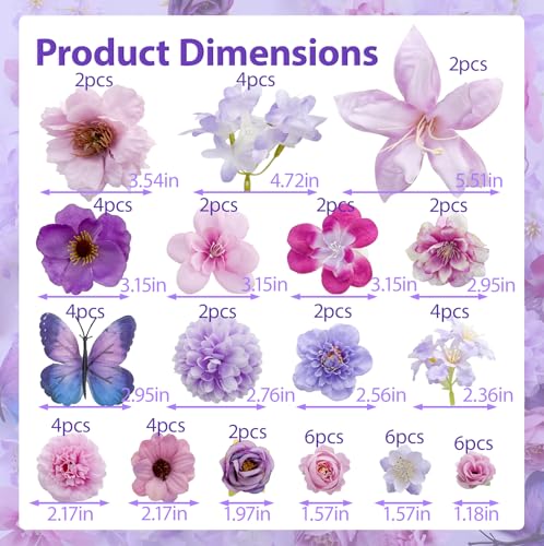 Artificial Flowers Heads Purple Silk Faux Flower Heads Fake Roses Peonies Lily Daisy Flowers Bulk for DIY Craft Cake Wedding Party Bridal Baby Shower Graduation Cap Table Home Decoration - color: Purple