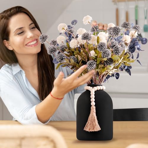 20''H Fake Flowers in Large Vase for Centerpiece Table Decorations with 10Pcs Fake Mums Flowers Eucalyptus Stems Faux Pompon Kiku Flowers Arrangement for Home Decor (Blue/Black Vase) - color: Blue/Black Vase