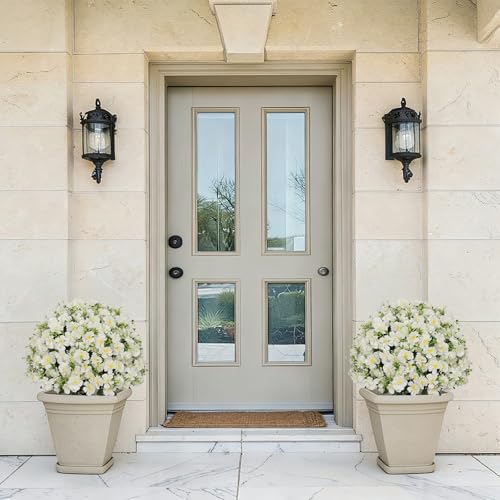24” Artificial White Flowers for Outdoors, Set of 2 UV Resistant Faux Plants in Cement Pots, Fake Floral Look Real for Front Porch, Entryway & Indoor Spring Decor - color: Artificial Flower Cream White