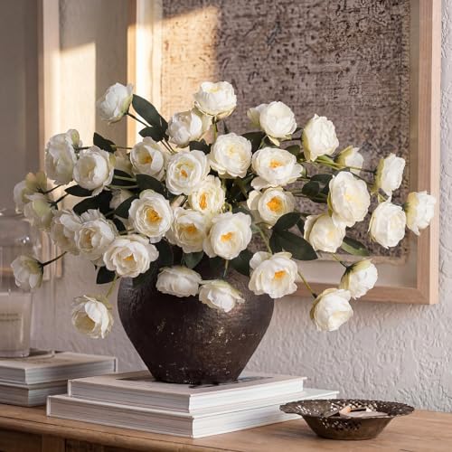 6 Pcs 32" Large White Artificial Peonies Stems Flowers, Real Look Faux Silk Peony Bouquet 42 Heads Total for Vase Filler, Farmhouse Rustic Neutral Home Decor, Wedding Centerpieces - color: White