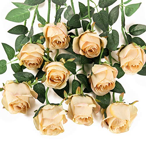 10pcs Artificial Rose Flowers Long Stem Fake Silk Roses for DIY Wedding Bouquet Table Centerpiece Home Decor,Champagne - color: Champagne
