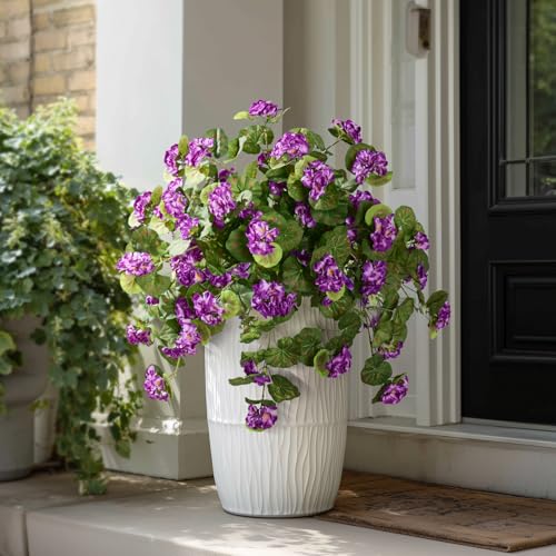 Artificial Geranium Flowers for Outdoor 2 Pcs Artificial Purple Flower Fake Flowers with Stems Silk Realistic Look Real Floral Arrangement for Front Door Porch Planter Patio Balcony (2 Pcs Purple) - color: 2 Pcs Purple