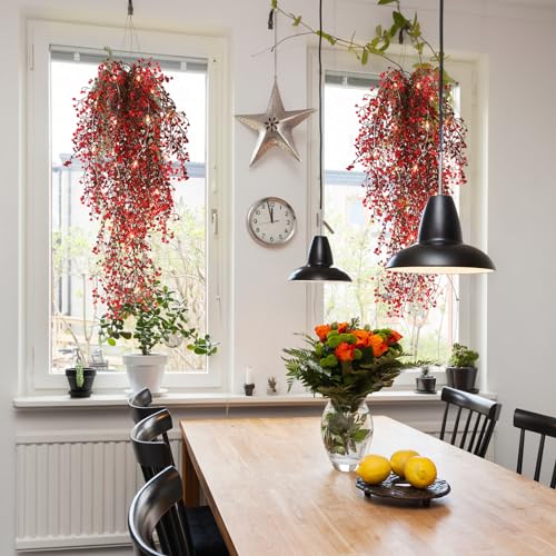 RECUTMS Artificial Hanging Fern Lighted with 30 LED Fake Hanging Ivy Vines Plastic Faux Greenery Plants for Home Wall Bedroom Garden Wedding Outside Decor Pack of 4 (Red) - color: Red-light