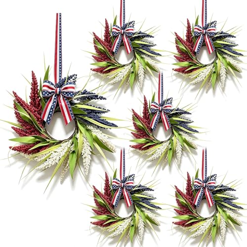 6 Pcs Small 4th of July Hanging Wreaths for Cabinets Patriotic Red White Blue Artificial Ear of Wheat Ring Small Pillar Candle Holder Wreath for Independence Day Memorial Day Porch Front Door - color: Patriotic-3