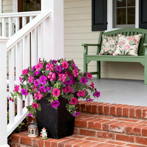 Artificial Fake Flowers for Outdoor Spring Decoration, 2PCS Faux Silk Petunias No Fade UV Resistant Flowers for Outside Garden Porch Yard Balcony Patio Realistic Indoor Decor(Fuchsia) - color: B-fuchsia Purple