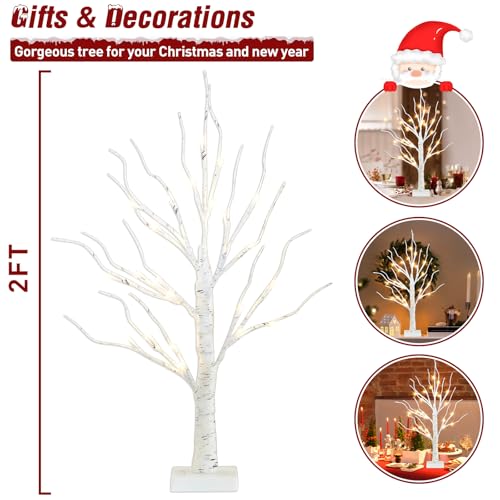 PEIDUO Artificial Tree for Christmas Decorations, 2FT Birch Tree with LED Lights, Warm White Fairy Lights Spirit Tree Lamp for Home Indoor Tabletop Centerpiece, Battery Powered, Timer - style: Birch Tree