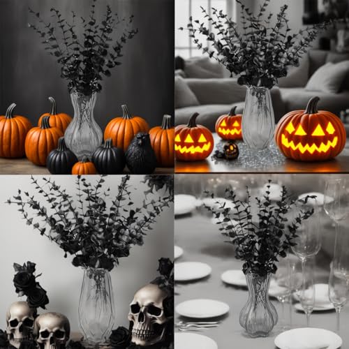 TIHOOD 14PCS 15” Black Eucalyptus Stems Artificial Eucalyptus Leaves Branches Fake Eucalyptuses Decor Faux Eucalyptus leaf Stem for Halloween Autumn Fall Floral Arrangement Wedding Bouquet Home Office