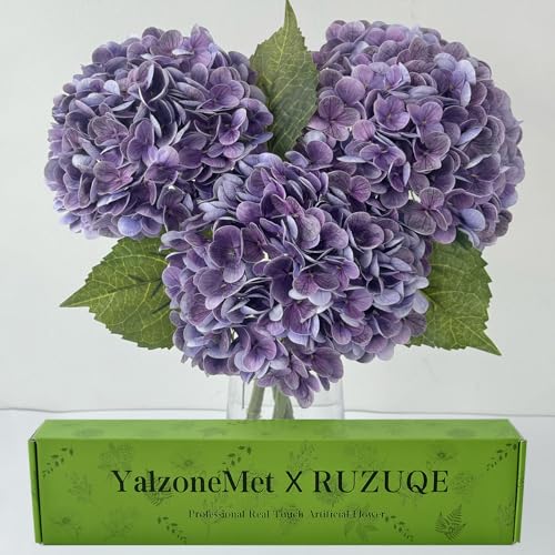 YalzoneMet 3 PCS Dark/Black Purple Hydrangea Artificial Flowers 21'' Real Touch Faux Latex Hydrangea Flowers for Wedding Tables Centerpieces Vintage Fake Flowers for Party Home Kitchen Decor - color: Dark/Black Purple