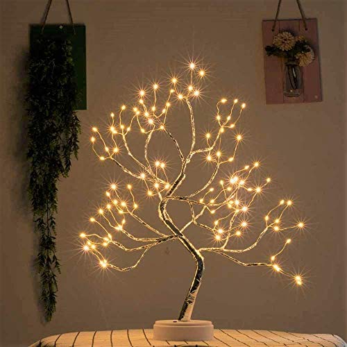 Lxcom Lighting 108 LEDs Silver Copper Wire Table Tree Light 8 Modes LED Twinkle Tabletop Bonsai Tree Lighted USB Plug Battery Operated Artificial Light Decorative Desk Lamp for Home Decor, Warm White