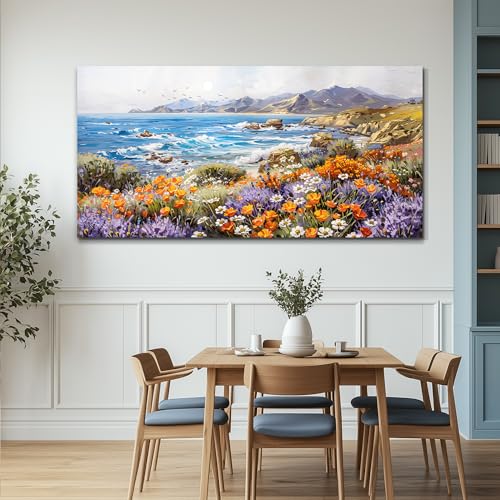 ZUITINGHUA Canvas Wall Art For Living Room Large Wall Decor For Office Bedroom Decorations Seascape Landscape Pictures Coastal Wildflower Painting Artwork Room Wall Mural Aesthetic Home Decor 30x60 In - color: Coastal Wildflower Seascape, size: 60"L x 30"
