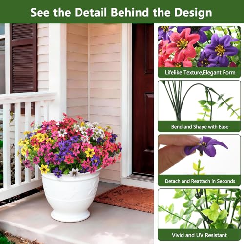 Homsunny Artificial Fake Flowers for Outdoor Spring Decoration, 12 Bundles Faux Plants Silk Daisy Bulk UV Resistant Realistic for Outside Porch Patio Balcony Planter Yard Garden Home Decor(Mixed 2) - color: Multicolor Blend 2