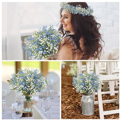N&T NIETING Babys Breath Flowers,15Pcs Fake Gypsophila Plants Artificial Blue White Baby Breath Flowers Bulk for Wedding Bouquets Party Home Garden Decoration, Blue & White - color: Blue & White, size: 15pcs-Standard