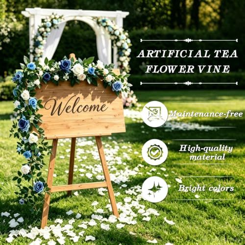 2 Pack 11.2 Ft Artificial Flower Garland with White Roses, Realistic Fake Greenery Vines with 17 Roses Flowers for Wedding Table Centerpieces Arch Party Ceremony Backdrop Decor (Mix Blue) - color: Mix Blue