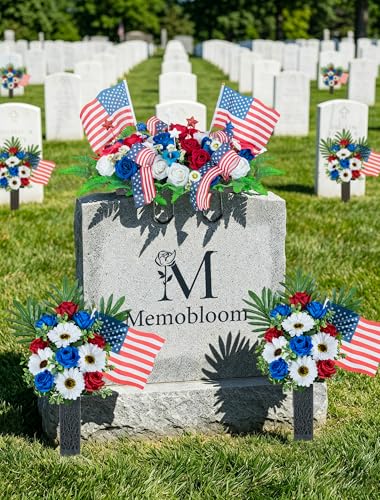 Memorial Day Flowers for Cemetery: 2 Pcs 4th of July Outdoor Grave 250th Anniversary USA Decorations - Fathers Day Cemetery Flowers for Grave Vase - Patriotic Artificial Red White Blue Roses - color: Red & White & Blue