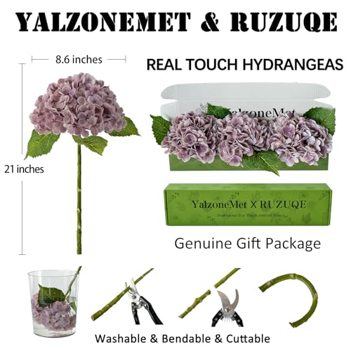 YalzoneMet 3 Pcs Vintage Mauve Hydrangea Artificial Flowers Gray Purple 21'' Real Touch Latex Hydrangea Faux Flowers for Party Home Kitchen Bedroom Tables Centerpieces Fall Decor - color: Mauve