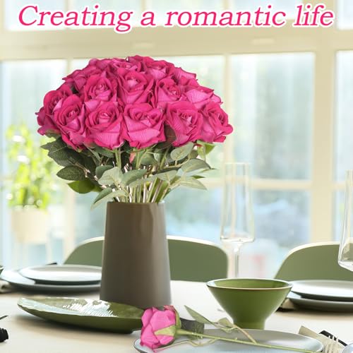 30pcs Silk Roses Artificial Flowers Hot Pink Fake Rose with Long Stem for Arrangement Wedding Party Home Decoration - color: Hot Pink