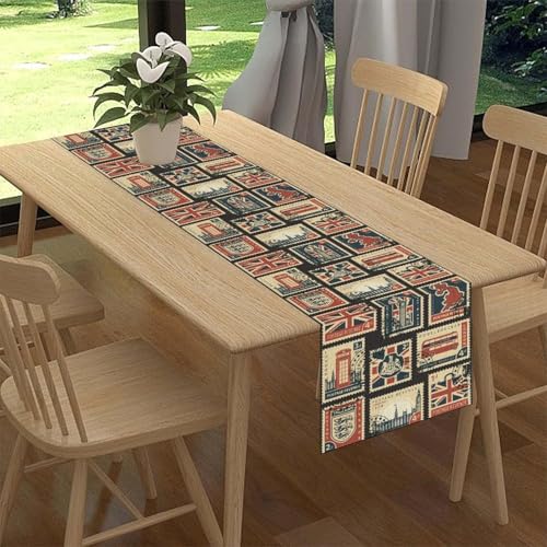 British Stamp Table Runner, Vintage England Buildings London Culture Element Retro Coffee Table Center Decor for Home Kitchen Dining Patio Holiday Party Table Decorations 13x36 inches - color: Tr-england05, size: 13x36" Table Runner
