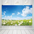 12x6ft Spring Backdrop for Photography Blue Sky White Clouds Daisy Flowers Wedding Themed Party Backdrop Flowers Field Natural Scenery Background Outdoor Garden Floral Blossom Video Props - size: 12x6ft