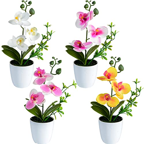 XONOR 4Pcs Artificial Orchid Flowers Mini Potted Orchid Flowers Fake Orchids with Plastic Vase for Home Office Wedding Table Centerpiece Decoration(White,Yellow,Pink,Light Pink) - color: White&yellow