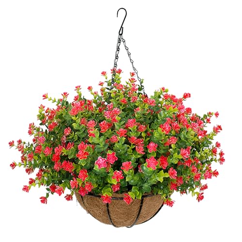 NETAP Artificial Hanging Flowers Basket for Outdoor, 16 Fake Flowers Look Real UV Resistant, Faux Hanging Plants for Porch, Balcony, Patio, Garden, Spring Summer Decor,Red - color: Red