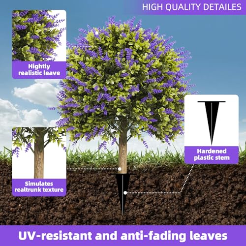 Artificial Lavender Topiary Ball Trees, 2 Set of UV Resistant Fake Evergreen Shrubs Bushes Plants with Ground Spike, Faux Bushes for Outdoor Indoor Front Porch Garden Yard - color: Lavender, size: with Ground Spike