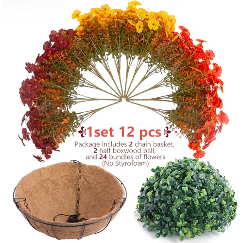 Hananona 2 Set Artificial Outdoor Fall Flowers with Hanging Basket, 2 Hanging Planters with 24 Pcs Flowers for Autumn Front Porch Garden Patio Home Decor (2, Orange,Yellow,Burgundy) - color: Orange,yellow,burgundy