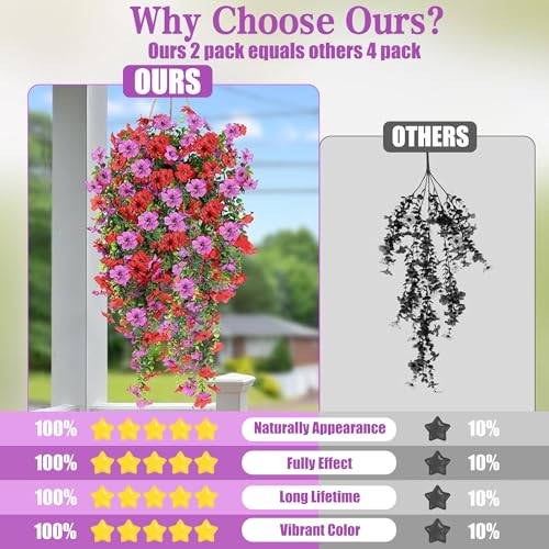 Artificial Fake Hanging Flowers Plants for Outdoor Outside Spring Summer Decoration 2PCS Faux Silk UV Resistant Realistic Mums Daisy with Eucalyptus for Home Porch Patio Balcony(Red & Magenta) - color: Magenta & Red