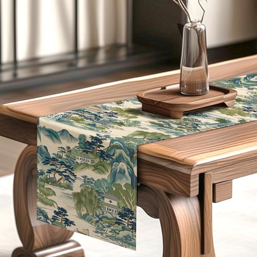 Chinoiserie Vintage Style Mountain Dining Table Runner, Landscape Painting Art Burlap Kitchen Decoration, Retro House Trees Indoor Outdoor Home Decor Party Supply 13x90 Inches - color: Landscape Painting, size: Table Runner 13''X90''