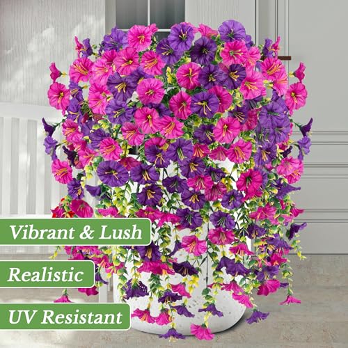 4 Pcs Fake Hanging Plants Artificial Flowers for Outdoors, Silk Petunia Faux Flowers Look Real Trailing Vines UV Resistant Faux Plants for Home Planter Porch Patio (2 Rose Red+2 Purple)