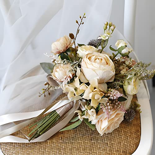 Artificial Wedding Bouquet for Brides Bridesmaid Holding Flower with Greenery Artificial Fabric Rose Wedding Flower Bridal Toss (Champagne) - color: Champagne