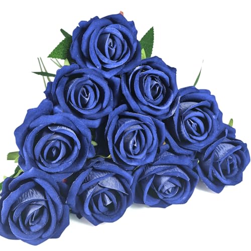 10 PCS Artificial Roses with Long Stems Silk Flowers Realistic Foam Flowers Fake Roses for Valentine's Day Autumn Fall Decor Halloween (Smoke Blue) - color: Smoke Blue