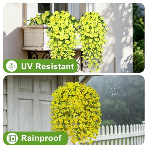 Artificial Hanging Flowers for Outdoor, 4Pcs UV Resistant Faux Morning Glory Flower Spring Summer Decroation, No Fade Fake Flower Trailing Vine for Porch Patio Balcony Yard Garden (Yellow) - color: Yellow