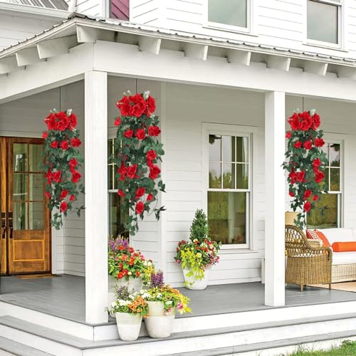 RECUTMS Artificial Red Roses Fake Hanging Flowers Plants, 4PCS 37 Inch Silk Floral Ivy Garland for Indoor Outdoors Home Garden Front Door Porch Wedding Derby Party Arch Valentines Greenery Decor - color: Red, size: 4pcs