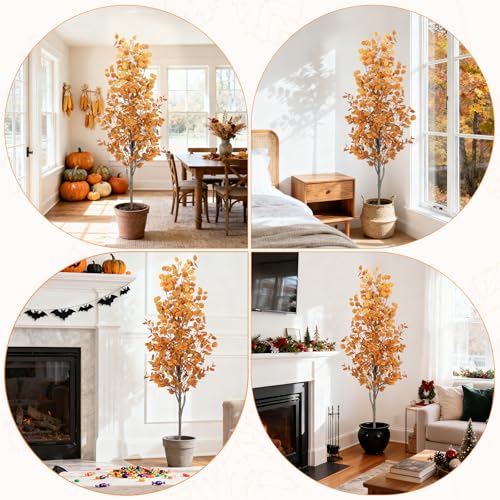 6FT Fall Artificial Eucalyptus Tree with Wicker Basket, Orange Potted Faux Eucalyptus Trees, Autumn Fake Eucalyptus Plants, Lifelike Leaves & Natural Trunk for Home Office Bedroom, Indoor - color: Eucalyptus Orange (Basket), size: 6ft