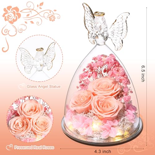 Mothers Day Rose Gifts for Women Preserved Real Flower in Glass Angel Figurines Roses for Delivery Prime Birthday Gifts for Mom Grandma Girlfriend Wife Her, Champagne - color: Champange