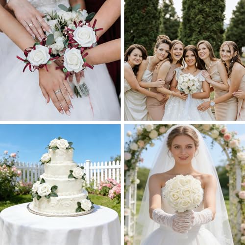 50Pcs Artificial Flowers Foam Fake Roses Ivory White with Stems,for DIY Wedding Bouquets White Bridal Shower Centerpieces Arrangements Party Tables Decorations and Home Decorations - color: 50-ivory
