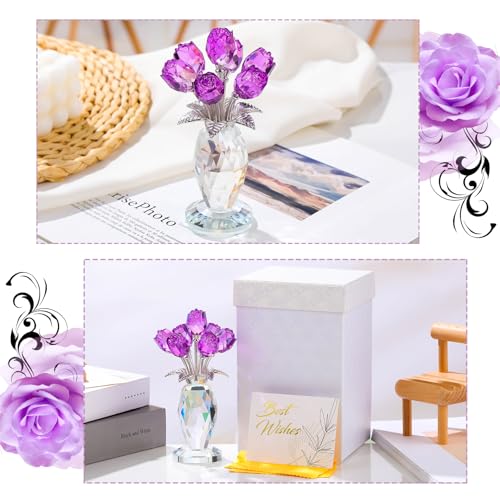 Ornalrist Crystal Purple Rose Flower Figurines - Glass Rose Bouquet Gifts for Women Mom Wife Girlfriend on Valentines Christmas Mothers Day Wedding Party - color: Purple