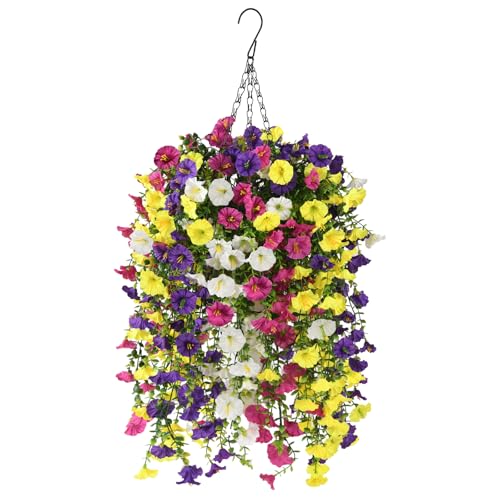 Homsunny Artificial Fake Hanging Flowers Plants Baskets for Outdoor Spring Decoration, Faux Morning Glory Silk Flower for Outside Realise UV Resistant Patio Yard Balcony Porch Home Decor (Mixed 2) - color: Mixed 2