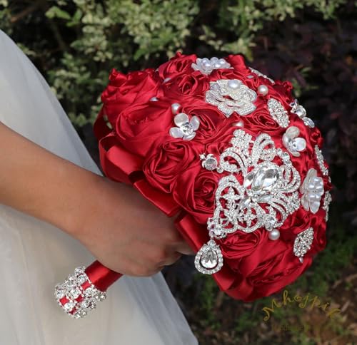 Bridal Wedding Bouquet Round Bling Brooch Bouquet Artificial Rose Flower Bunch for Bride Bridesmaid Wedding Quinceanera(Ruby Red, 7.5") - color: Ruby Red*, size: Small (Dia. 7.5"/19cm)