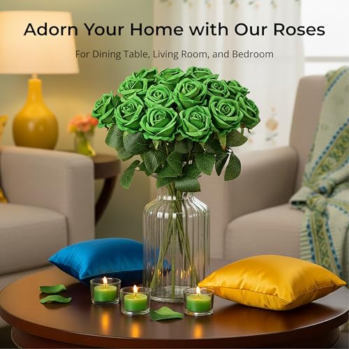 Auihiay 14PCS Green Artificial Roses, Realistic Rose Bouquet with Long Stems for Valentine's Day, St. Patrick's Day, DIY Floral Craft & Home Decoration - color: Green