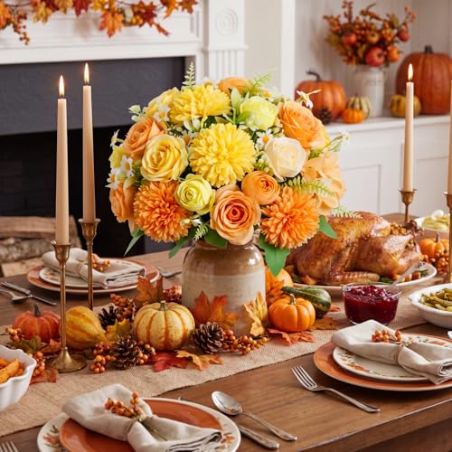 Tigeen 6 Pcs Bundles Artificial Bouquet Flowers Artificial Peonies Faux Roses Hydrangea Flowers Bouquet for Wedding Table Centerpiece Floral Vase Decor (Orange,Yellow) - color: Orange, Yellow
