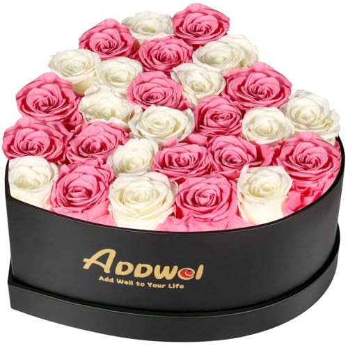 ADDWel Preserved Roses Bouquet for Her Anniversary, Birthday Flower Gifts for Women, 27-Pieces Eternal Roses with Natural Fragrance in Heart-Shape Box for Wife Girlfriend Mom - color: Pink & White - 27 Roses