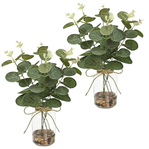 2 Pack Artificial Eucalyptus Stems in Glass Vases, 11" Fake Plants with Faux Water Stones, Small Faux Plants for Kitchen Bathroom Shelf Coffee Table Decor (Blackish Green) - color: Blackish Green