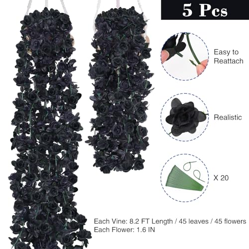 BLEUM CADE 5Pcs 41Ft Flower Garland Artificial Rose Vines for Bedroom, Cute Fake Hanging Flower Vines Floral Garland Decorations for Halloween Wedding Party Wall Room Decor Aesthetic - color: Black, size: 5 Pcs