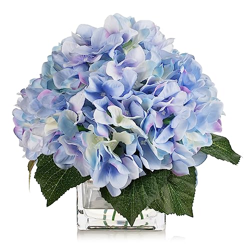ENOVA FLORAL Silk Hydrangea Artificial Flowers in Vase with Faux Water, Silk Flower Arrangements in Vase for Home Decor, Wedding Table (Blue) - color: Blue